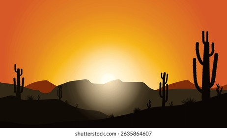 Desert sunset with cactus silhouette and mountain landscape in warm orange sky