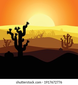 Desert Sunset and cactus stock illustration Vector . 