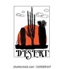 Desert Sunset and Cactus vector design for t-shirt.  print design for apparel. Cactus vibes desert retro design. vector t-shirt design. desert vibes artwork.