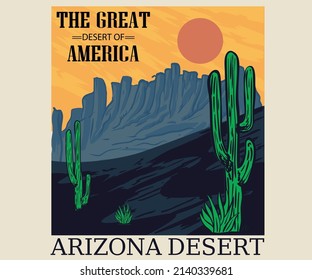 Desert sunset with cactus vector illustration print design for t shirt, poster, sticker, background and others. Arizona desert print artwork. 