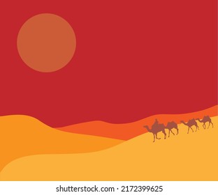 Desert sunset with camels and man