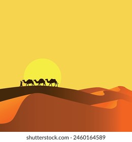 A desert at sunset and a caravan wandering through the dunes. Vector landscape.