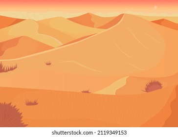 Ilustración vectorial de color plano de la puesta de sol en el desierto. Sistema de tierras secas. Entorno extremadamente seco. Lugar tropical para vacaciones paisaje de dibujos animados 2D simple con escasa vegetación en segundo plano