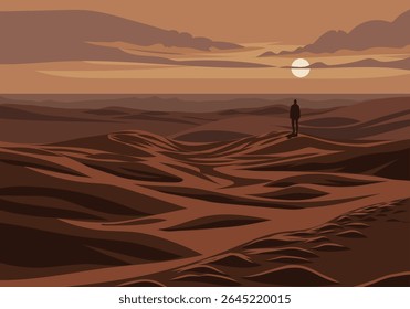 Desert sunset illustration with a man walking alone