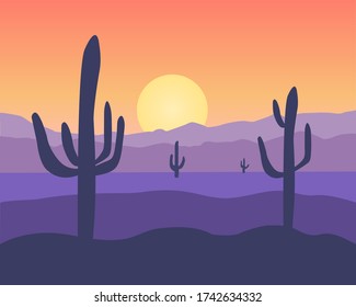 Desert at sunset illustration. Mexican landscape with hills and cactus. Vector illustration. 