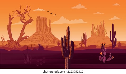 Desert sunset illustration. Vector illustration of sunset desert landscape. Wild Western Texas desert sunset with mountains and cactus, A high quality horizontal seamless background,