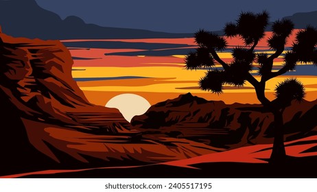 Atardecer del desierto con silueta de árbol Joshua