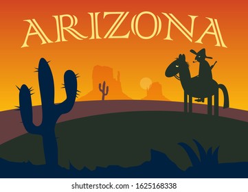 Desert sunset landscape. Arizona or Mexico, western cartoon background with wild cactus, and cowboy and horse.