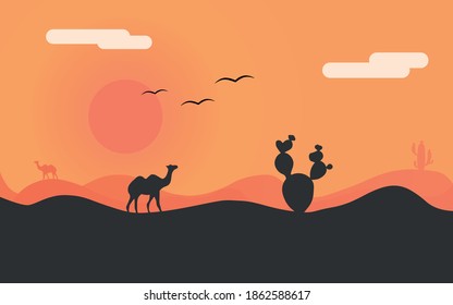 desert sunset landscape with cacti and camel 