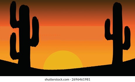 Paisagem do pôr do sol do deserto com cactos. Pôr do sol no deserto. Sombra do cacto.