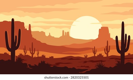 Desert Sunset Landscape with Cactus Vector Illustration Background