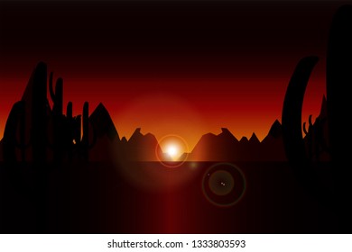 Desert sunset - Desert landscape with cactuses - Sunset background - Vector illustration - Editable layered illustration