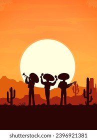 Wüstenlandschaft mit mexikanischen Mariachi-Musikern Silhouetten. Mexikanische Musik und lateinamerikanische Kultur, Vektorhintergrund mit Mariachi-Musikern, die bei Sonnenuntergang Trompete, Gitarre und Maracas spielen