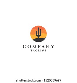 Desert Sunset Logo Icon Design Template. Circle, Cactus Vector