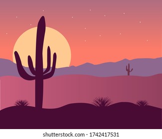 Desert sunset with night sky. Arizona landscape in trendy flat style. Vector illustration