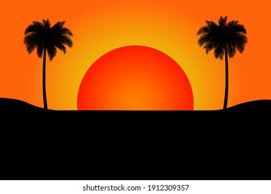 Desert at sunset with palm tree silhouettes.