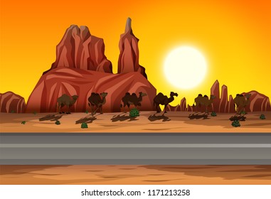 Desert sunset road scene illustration