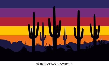desert sunset with saguaro cacti silhouettes and colorful striped sky