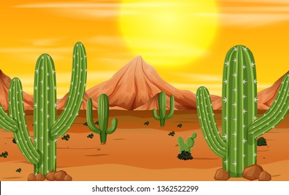 Ilustración de la escena del atardecer en el desierto