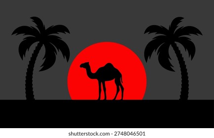 Desert sunset silhouette with camel, palm trees, and red sun on dark background.