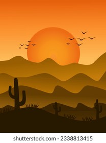 Desert Sunset silhoutte background with wild cactus