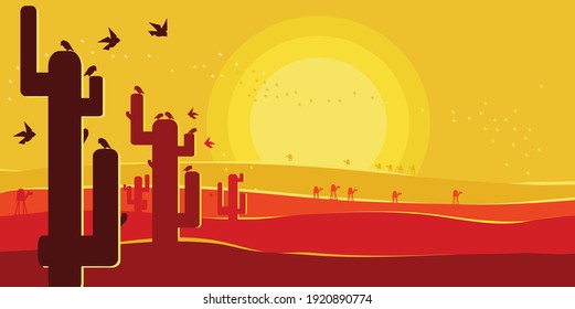 Desert Sunset stock illustration veector with cactus and birds and camels