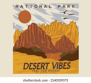 Desert sunset vector illustration print design for t shirt, poster, sticker, background and others. Arizona desert vibes national park print artwork. 