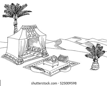 Desert Tent Graphic Black White Landscape Sketch Illustration Vector