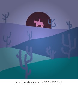 Desert texas landscape. Vector cartoon desert with road, cactuses and rock mountains. Composition. Illustration on blue, brown and pink colors.