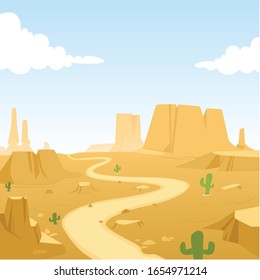 Desert texas landscape. Vector cartoon desert with road, cactuses and rock mountains.