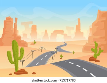 Desert texas landscape. Vector cartoon desert with road, cactuses and rock mountains.