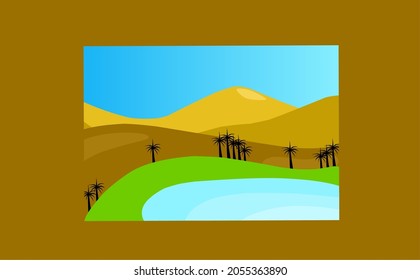 Desert theme background with oasis in simple colors on brown background, use for content like promotions, videos, quotes, social media, presentations, blogs, websites.