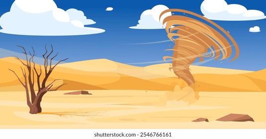 Tornado del desierto. Torbellino destructivo levanta nubes de arena. Desastre natural en clima árido. Fenómeno de Clima peligroso. Vórtice de embudo de tormenta de arena. Viento retorcido. Vector