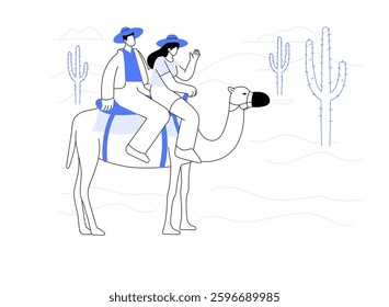 Desert tour isolated cartoon vector illustrations. Couple has a camel ride in desert, tourism business, travel agency, adventure tour guide, people traveling, exotic destination vector cartoon.