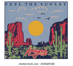 Desert tour vector graphic print design. Cactus with sun nature artwork.