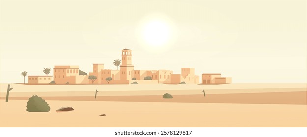 Desert townscape with sunlit buildings and palm trees. Vector illustration