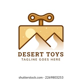 desert toy logo design template. the concept of the image is to combine desert mountains with a toy box with a spinner. doodle style symbol isolated in horizontal white background.