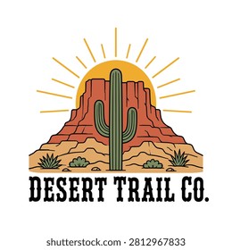Desert Trail Badge with Cactus and Canyon Sunrise Illustration