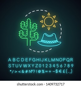 Desert travel neon light concept icon. Travel experience idea. Extreme tourism. Wild animals and plants observation. Succulents. Glowing sign with alphabet and symbols. Vector isolated illustration