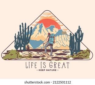 Desert trekking vector print design for t shirt, sticker and others. Cactus wild artwork design.