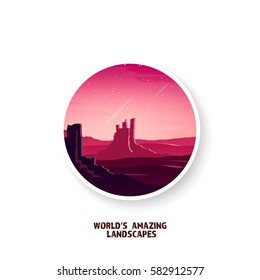 Desert trip. Extreme tourism and traveling. Back to nature. Sands.Exploring Africa. Horizon line with sky,stars. Mountains, flying birds.