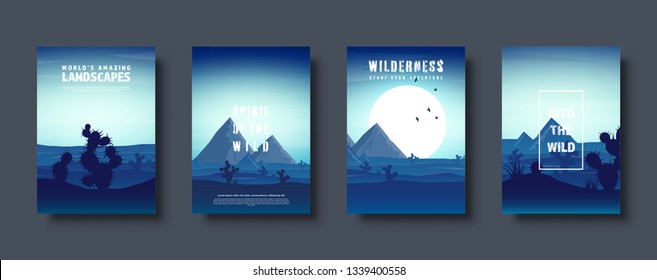 Desert trip. Extreme tourism and travelling. Back to nature. Sands. Exploring Africa. Horizont line with sky. Mountaines. Vector illustration.