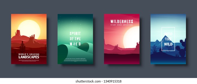 Desert trip. Extreme tourism and travelling. Back to nature. Sands. Exploring Africa. Horizont line with sky. Mountaines. Vector illustration.