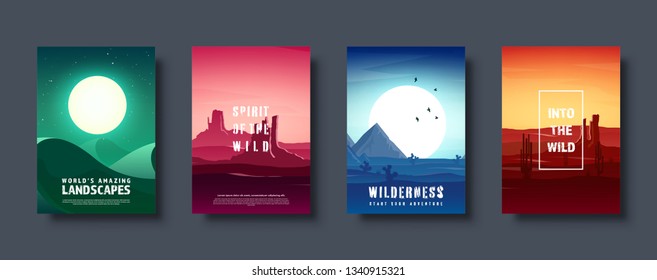 Desert trip. Extreme tourism and travelling. Back to nature. Sands. Exploring Africa. Horizont line with sky. Mountaines. Vector illustration.