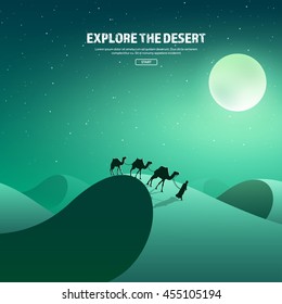 Desert Trip. Extreme Tourism And Travelling. Back To Nature. Sands.Exploring Africa. Horizont Line With Sky,stars.Camels.