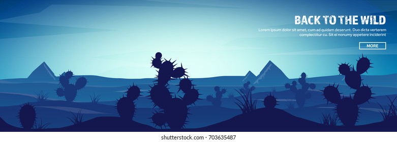Desert trip header. Extreme tourism and travelling. Back to nature. Sands.Exploring Africa. Horizont line with sky,stars. Mountaines, flying birds.