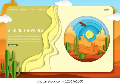 Desert trip landing page website template. Vector paper cut desert with sand dunes, mountains, cactuses and eagle flying high in the sky. Travel around the world concept.