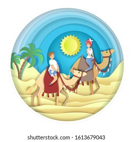 Desert trip, vector illustration. Layered paper cut style happy women tourists riding camels. Summer vacation, traveling to Egypt, camel ride concept for poster, banner, flyer etc.