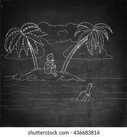 Desert tropical island. Concept for loneliness. Hand drawn vector stock illustration. Chalk board drawing