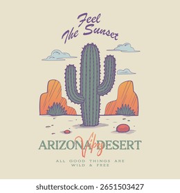 Desert t-shirt design, Arizona Cactus line vector t-shirt design, Vintage artwork for apparel, sticker, batch, background, poster and others. Sun comes up. women's graphic t-shirt design